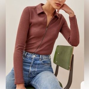 Reformation Griet  Ribbed Long Sleeve Zip-Up Top in Cinnamon Size XS